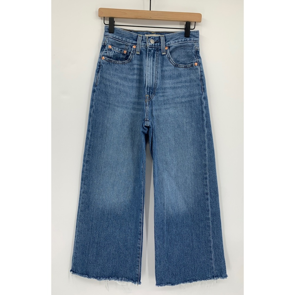Levis Ribcage Wide Leg Jeans Womens 27 Blue Fade Raw Hem Crop Denim Pants